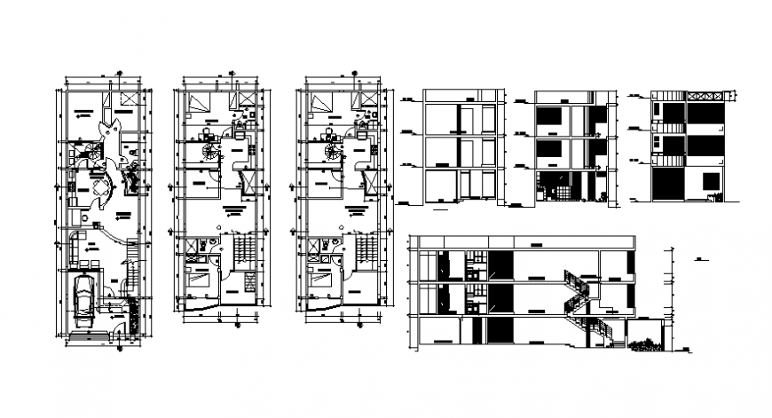 2d drawing of residential bungalow plan elevation and section in autocad file