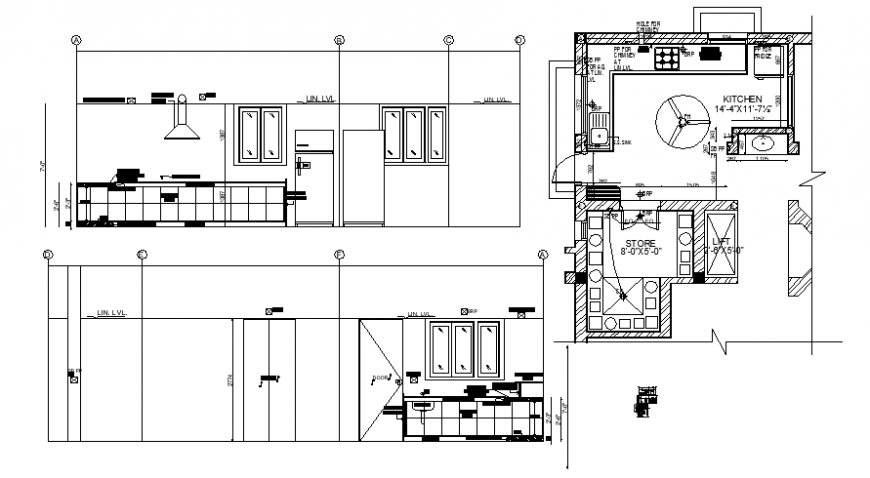 2d Drawing of the kitchen floor plan and elevation dwg autocad file