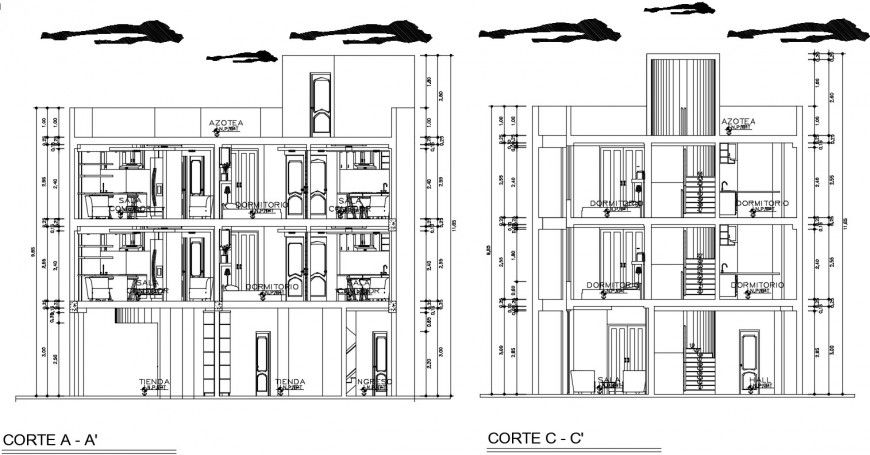 2d drawing section of housing apartment dwg file