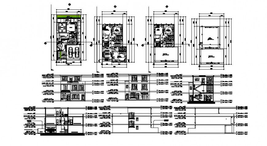 2d drawings details elevation plan and a section of housing apartment dwg file