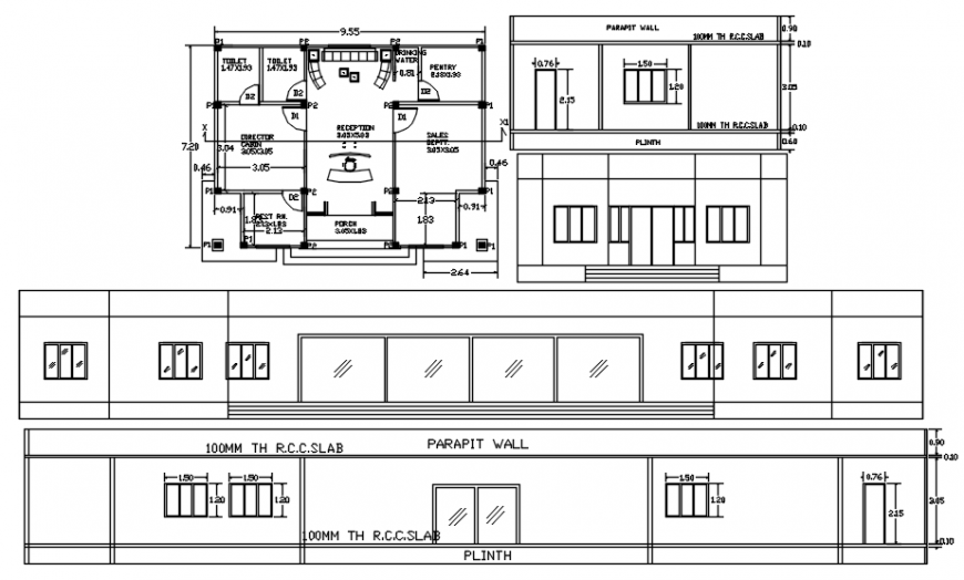 2d drawings details of office building units elevation and plan dwg file