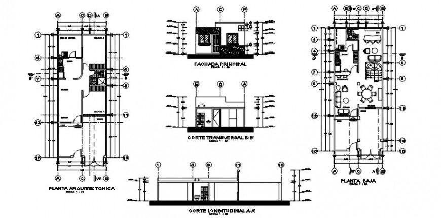 2d drawings details of single story house plan elevation and section dwg file