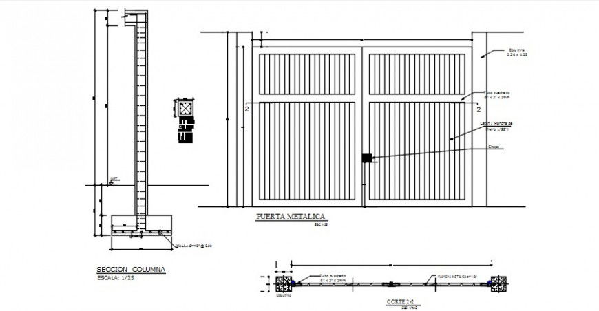 2d Drawings details of entrance gate with foundation details dwg file