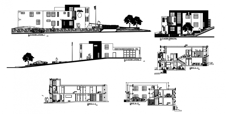 2d drawings details of housing apartment elevation and section dwg file