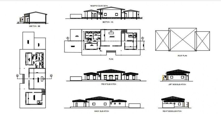 2d drawings details of housing bungalow plan elevation section dwg file