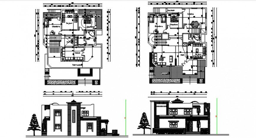 2d drawings of housing bungalow elevation and plan dwg autocad file