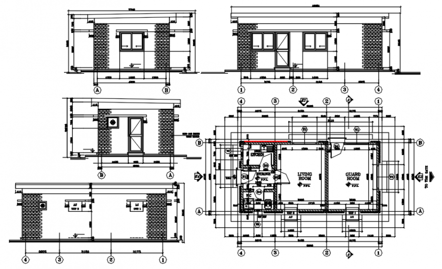 2d elevation and floor plan details of guardhouse dwg autocad software file