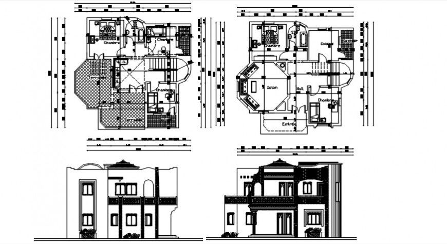 2d elevation and plan of housing bungalow dwg autocad file