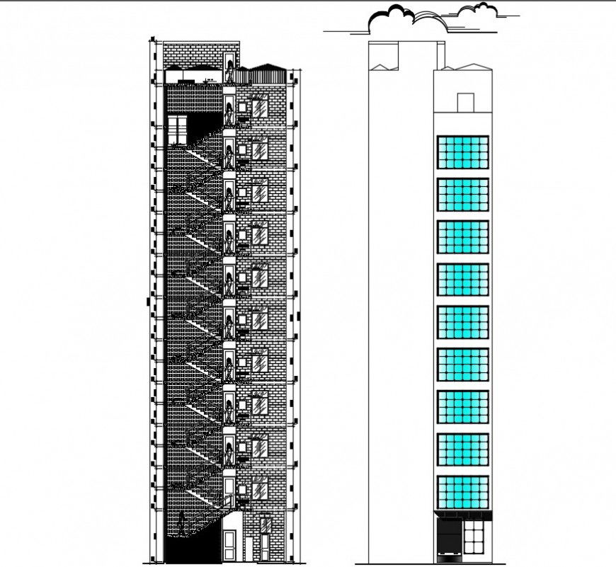 2d elevation and section drawings of apartment dwg autocad file