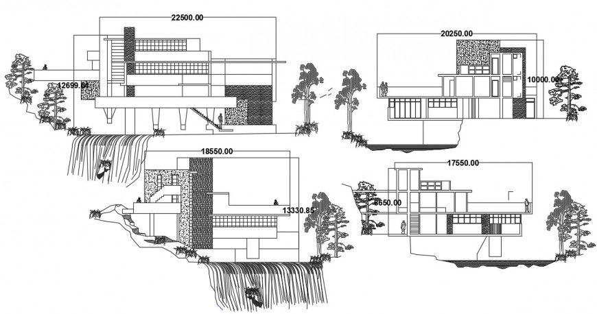2d elevation and section drawings of housing bungalow dwg file