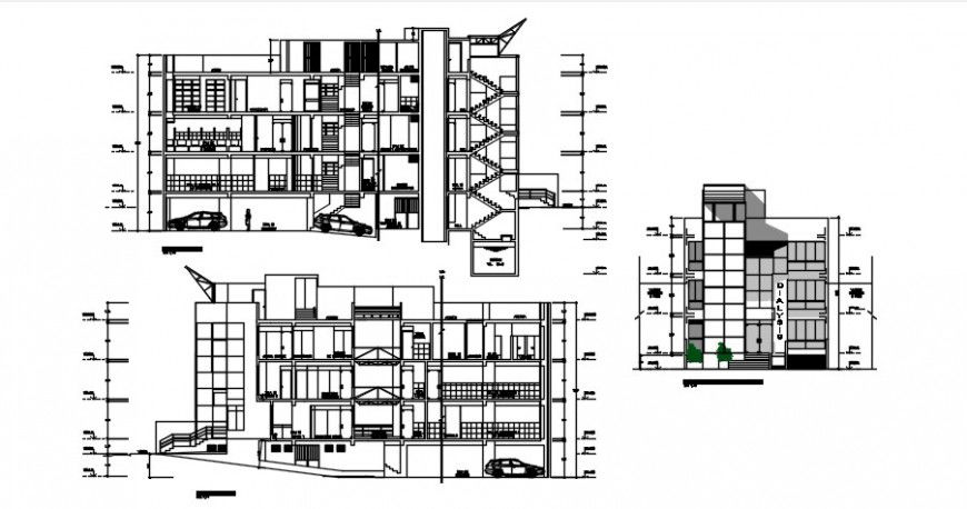 2d Elevation and sectional details of hotel building dwg file