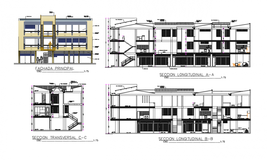 2d elevation and sectional details of housing apartment dwg file