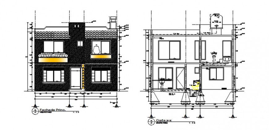 2d elevation and sectional details of housing apartment dwg file