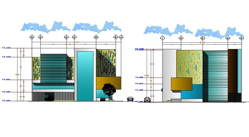 2d elevation design of hostel project detail cad file