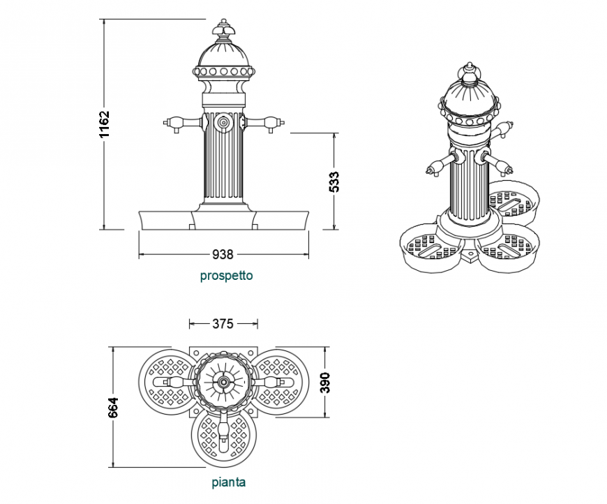 2d elevation details of garden classical fountain cad drawing dwg file