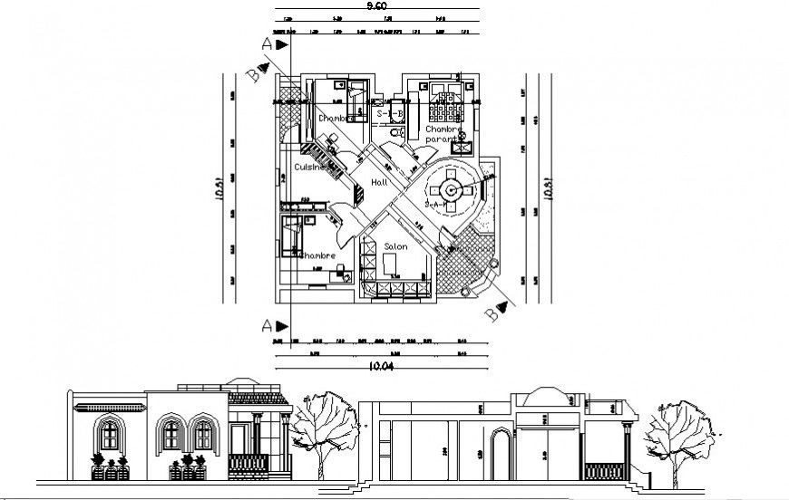 2d elevation plan and section of single-story house dwg file