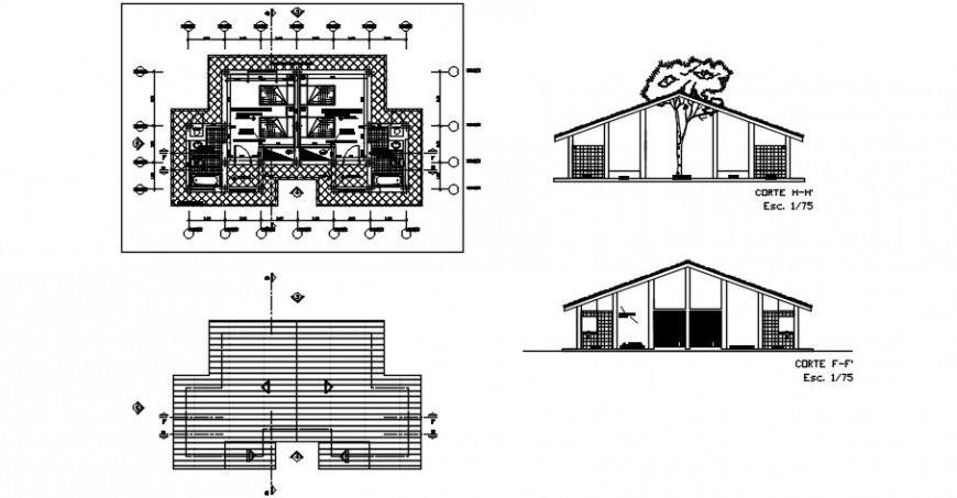2d Layout plan and sectional details of bungalow dwg file