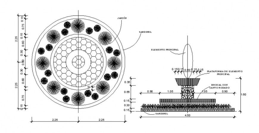 2d Plan and elevation of fountain design autocad file t
