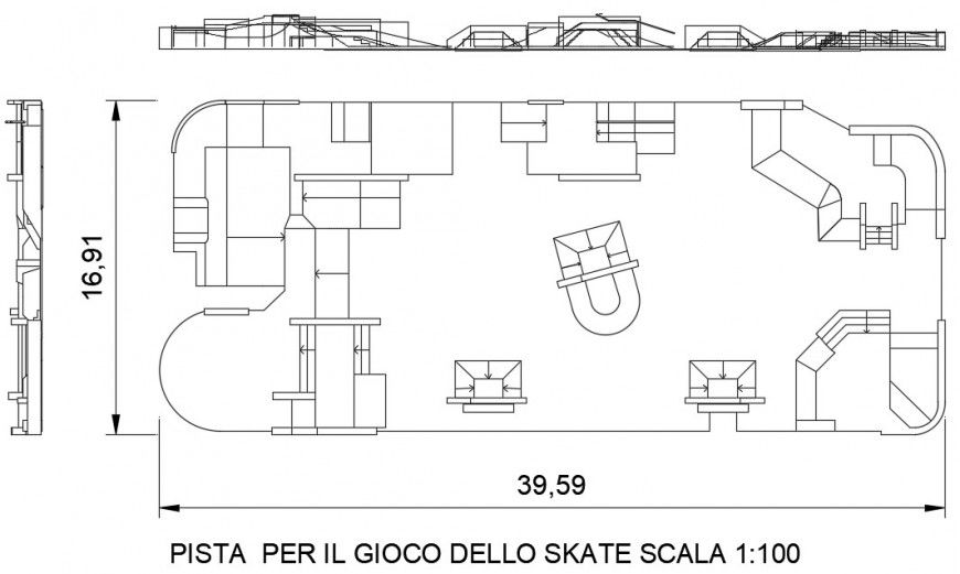 2d plan and elevation of skate park autocad software file