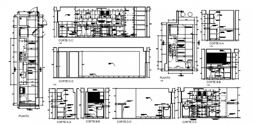 2d Plan and sectional drawings details of kitchen area dwg file