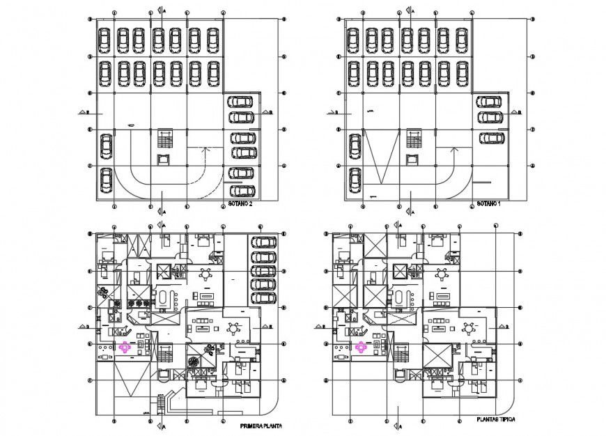 2d plan detail of hotel building structure with furniture units autocad file