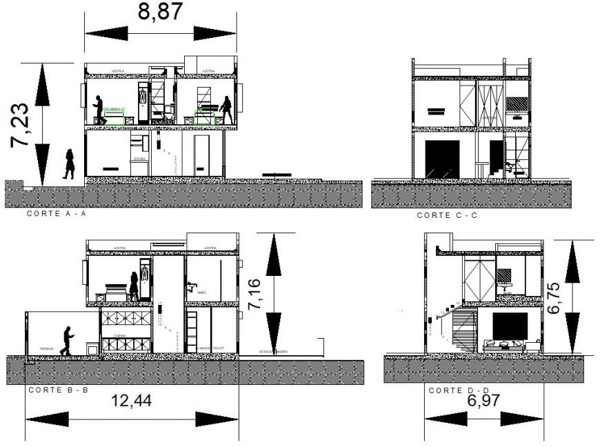2d sectional drawing details of housing two-story apartment dwg file