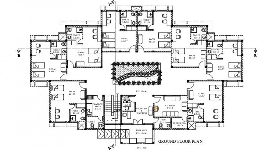 2d student hostel ground floor plan dwg file
