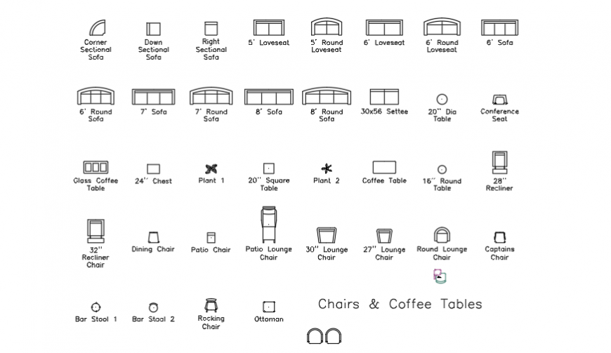 2D various types of Chairs block design drawing