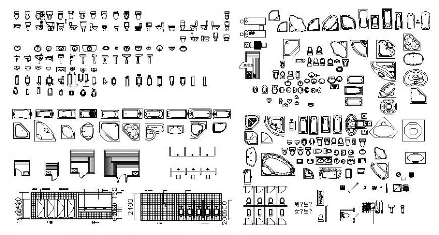 2d view autocad drawing of sanitary blocks