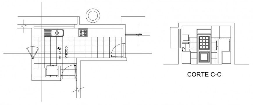 2d view CAD drawings detailing of kitchen plan and section dwg file