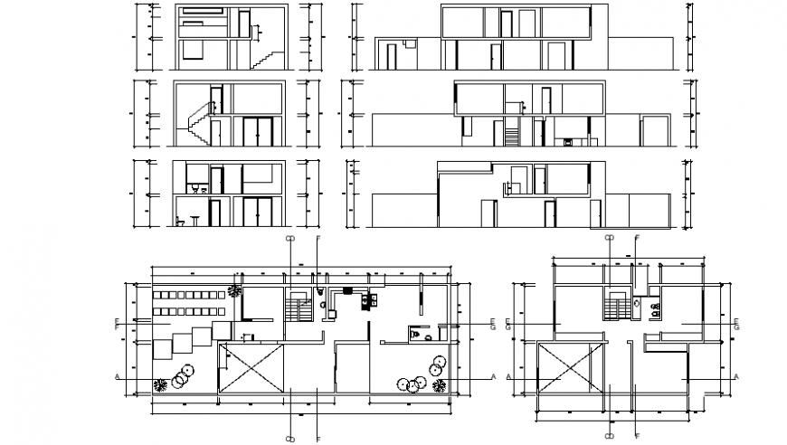 2d view CAD drawings of the house elevation plan and section dwg file