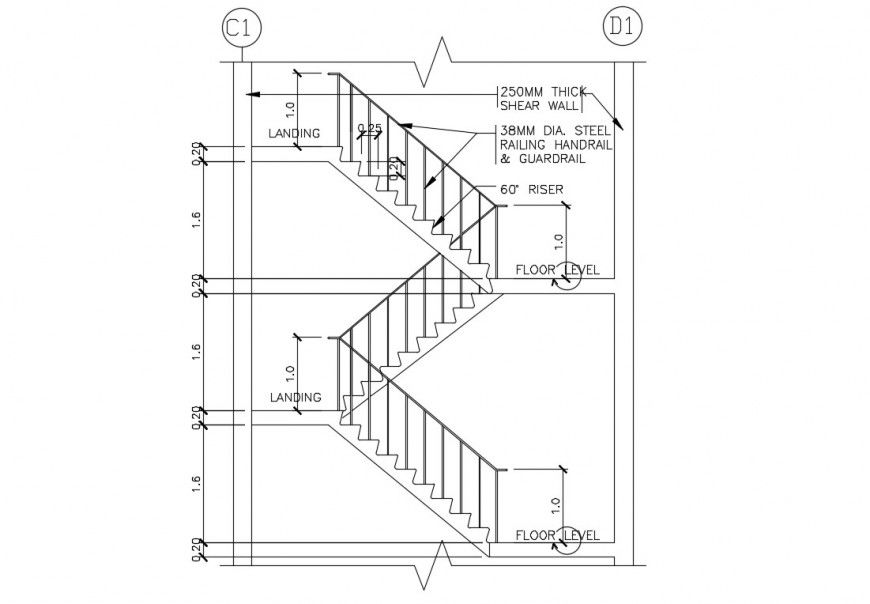 2d view Drawing of staircase construction dwg autocad file