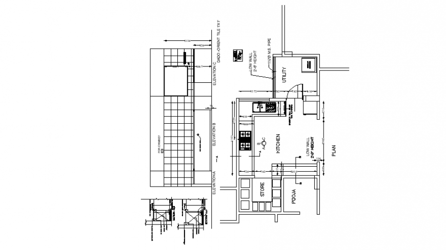 2d view drawings details of kitchen layout autocad file