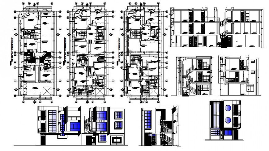 2d view drawings of housing units plan elevation and section autocad file
