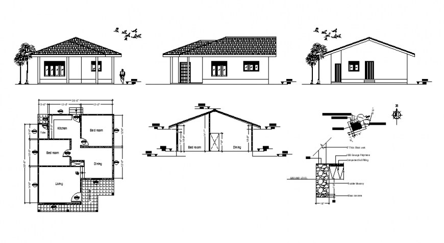 2d view drawings of single story house plan elevation and section in autocad