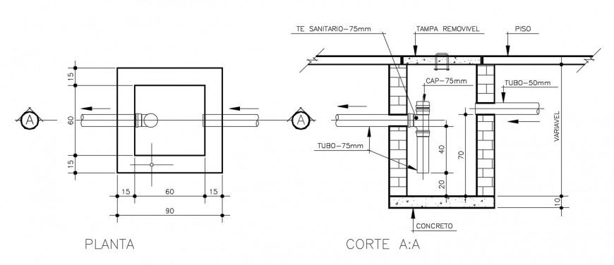 2d view drawings plan and a section of piping system dwg file