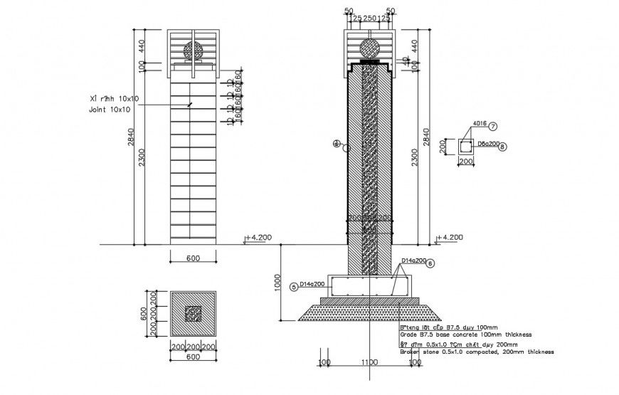2d view elevation and plan drawings details of column structure dwg file