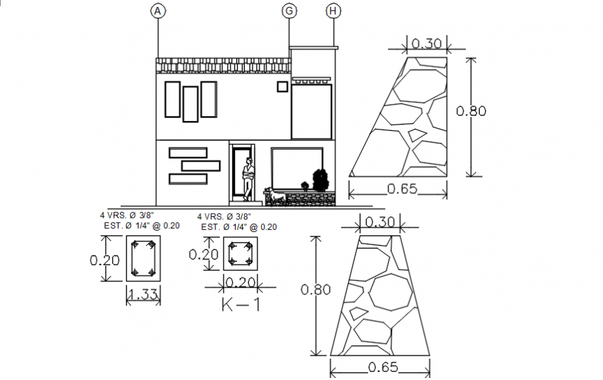 2d view elevation of house with footing autocad file