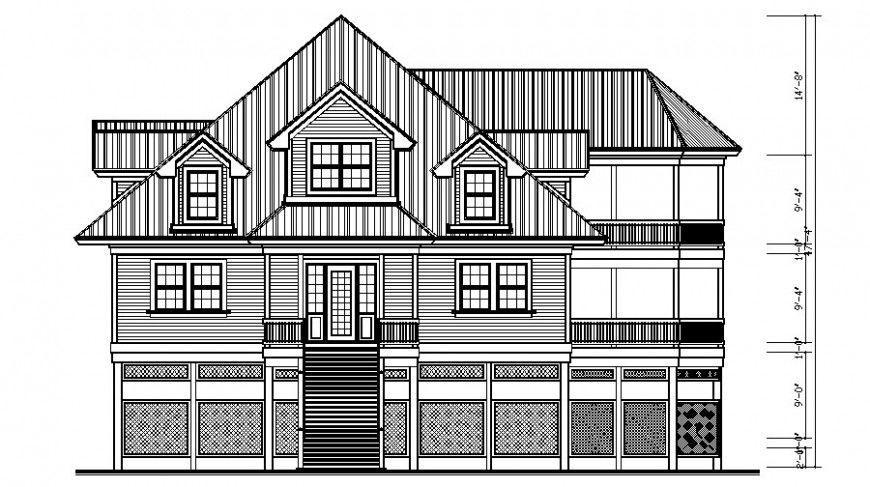2d view elevation of housing bungalow drawings autocad file