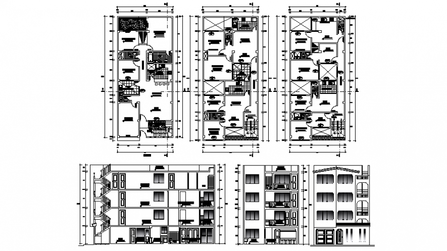 2d view floor plan of house with elevation and section dwg autocad file