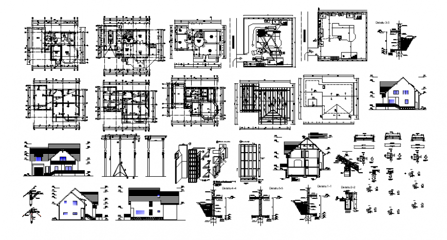 2d view housing units floor plan elevation and section dwg file