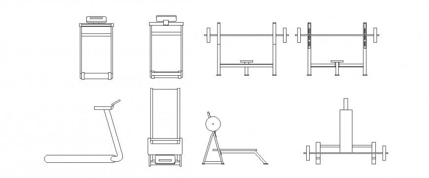 2d view if a different type of gyming equipment detail CAD block dwg file