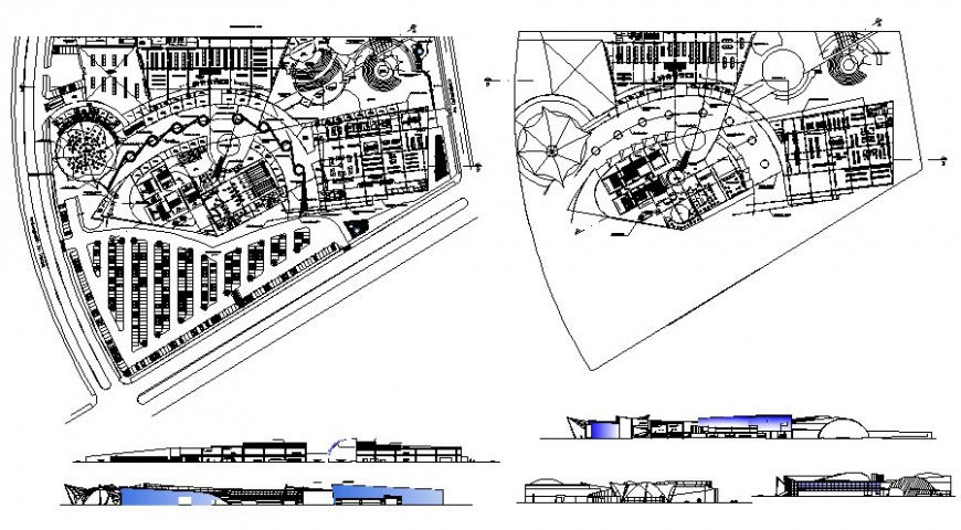 2d view of building multi-story elevation plan and section dwg file