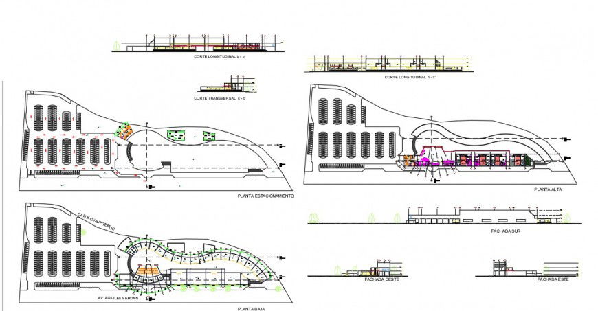2d view of commercial plaza building detail elevation and plan autocad file