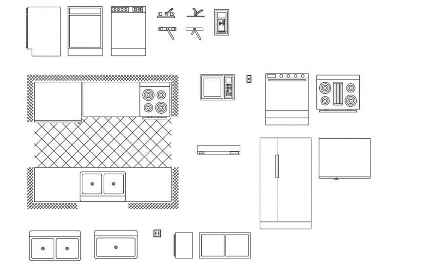 2d view of different kitchen equipment blocks detail autocad file