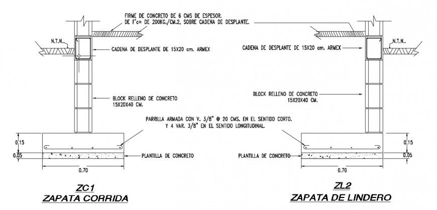 2d view of Foundation footing structure dwg file