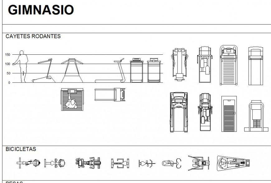 2d view of Gyming equipment blocks detail layout file in autocad format