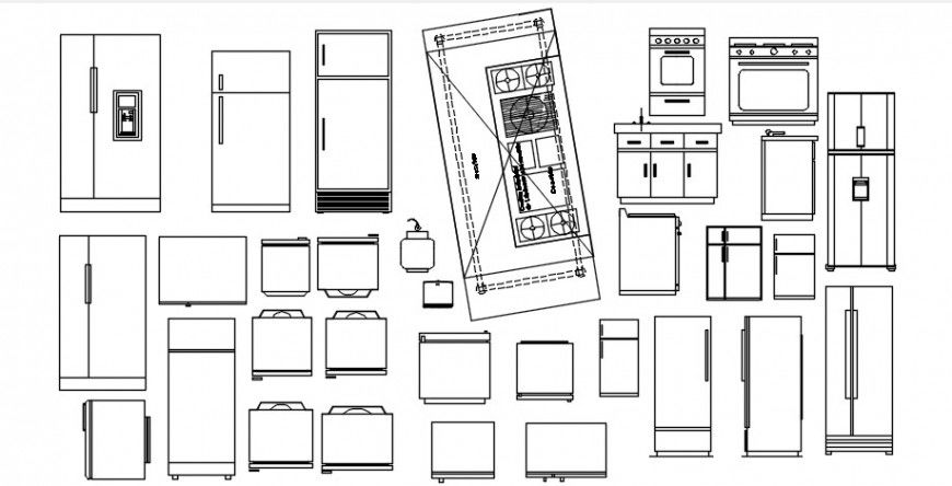 2d view of kitchen furniture units dwg file