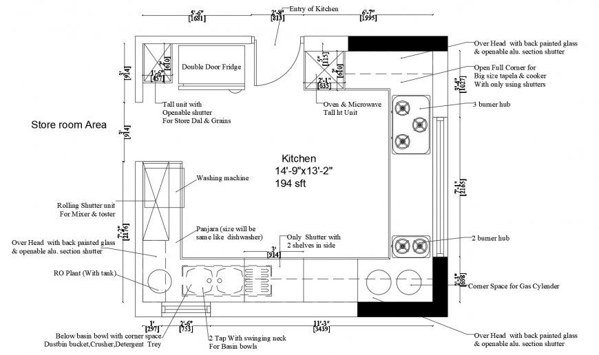 2d view of kitchen working plan with appliances AutoCAD file