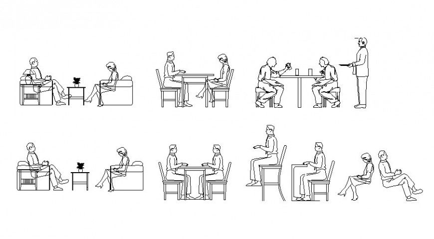 2d view of people and furniture detail layout autocad file
